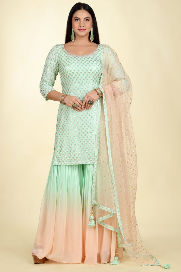 SEA GREEN TO PEACH OMBRÉ SHARARA SUIT SET #6636