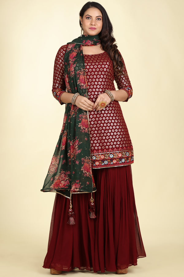 MAROON SHARARA SUIT SET WITH FOREST GREEN FLORAL PRINTED DUPATTA