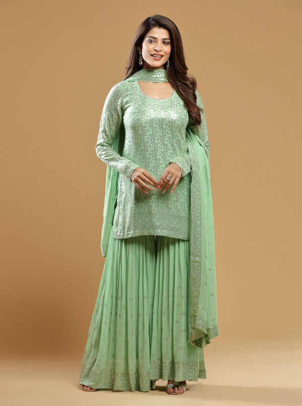 PISTA GREEN SEQUINS SHARARA SUIT SET #7487