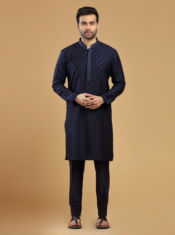 NAVY BLUE SEQUINS SILK kurta Set #7498