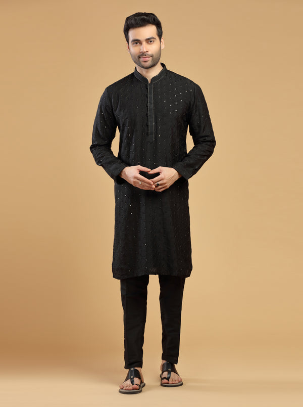 BLACK SEQUINS SILK kurta Set #7496