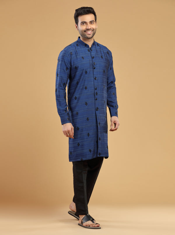 DEEP BLUE EMBROIDERED Button down kurta Set #7510