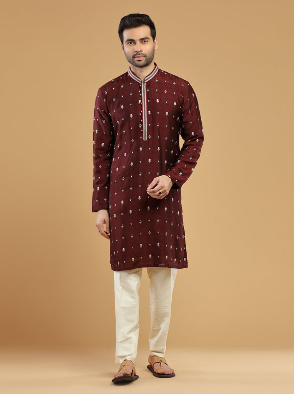 BURGUNDY FLORAL EMBROIDERED SILK kurta Set #7504