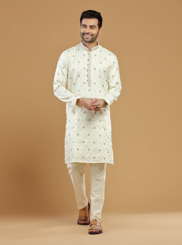 IVORY FLORAL EMBROIDERED SILK kurta Set #7506