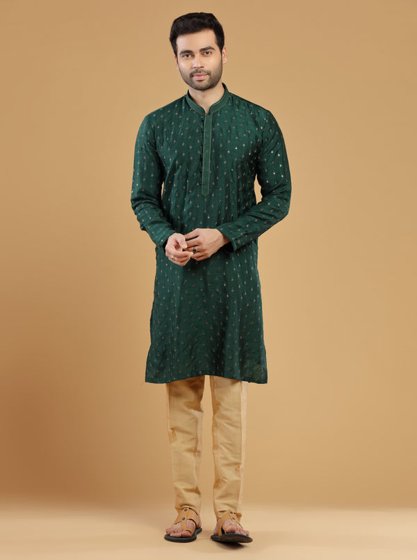 FOREST GREEN SEQUINS SILK kurta Set #7497