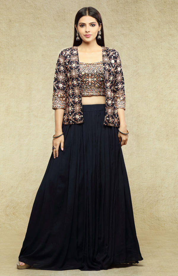 Navy Blue Multicolor Jacket Lehenga Set #6972