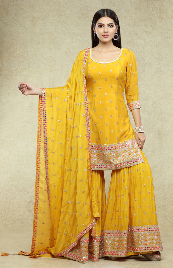 Yellow Chinnon Sharara Suit Set #6998