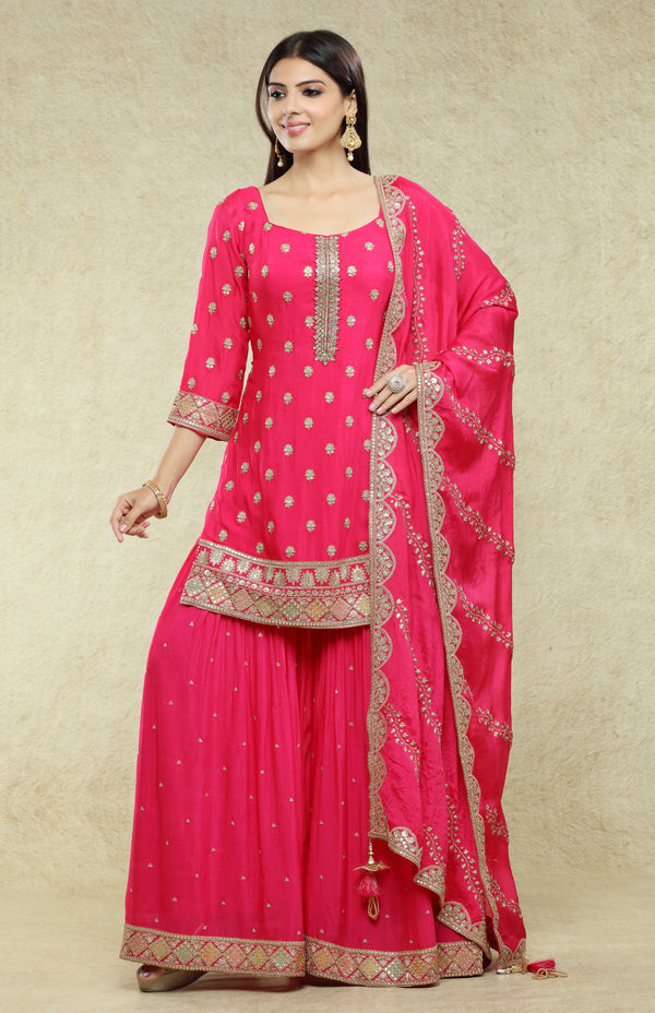 Rani Pink Chinnon Sharara Suit Set #6992