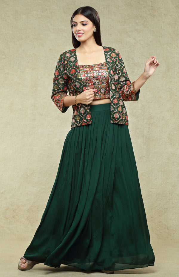 Forest Green Multicolor Jacket Lehenga Set #7008