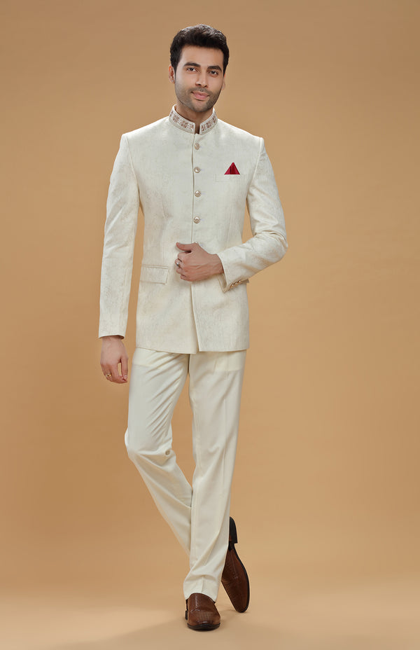 IVORY BROCADE SILK JODHPURI SUIT #7475