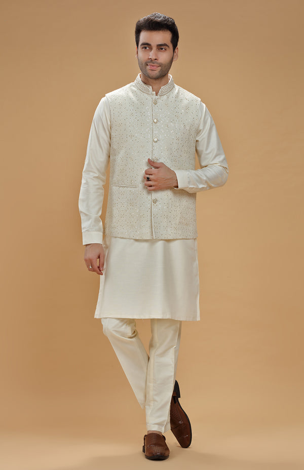 IVORY CHIKANKARI BANDI KURTA SET #7467