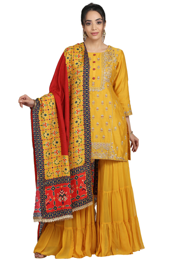 Yellow Embroidered Sharara Suit Set with Contrast Printed Dupatta