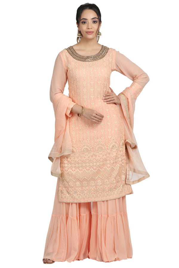 Light Peach Pink Chikankari Sharara Suit Set