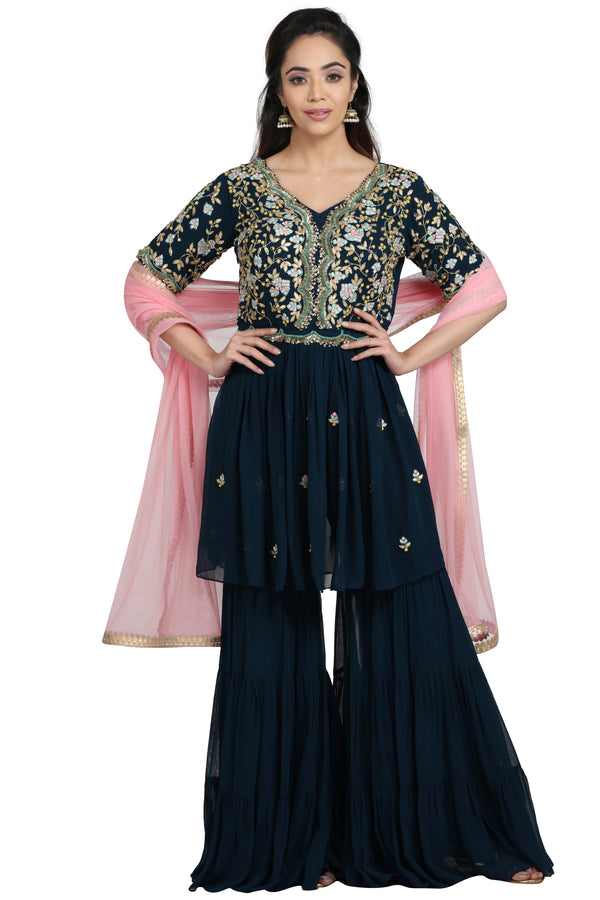 Navy Blue Embroidered Peploom Sharara Suit Set