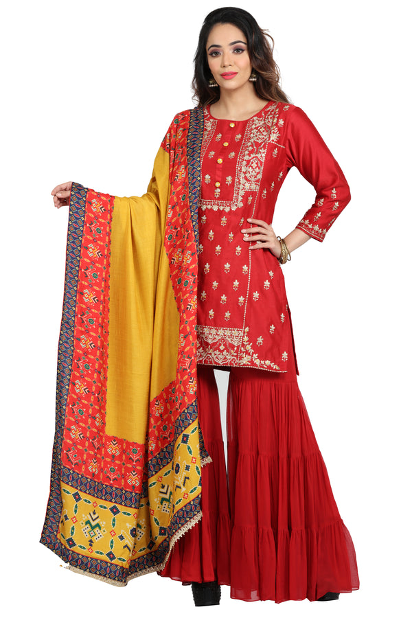 Red Embroidered Sharara Suit Set with Contrast Printed Dupatta