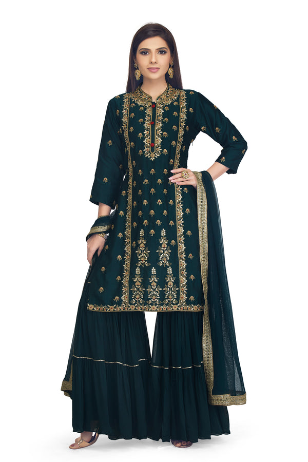 Forest Green Embroidered Sharara Suit Set