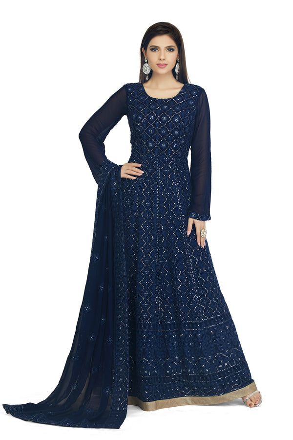 Navy Blue Chikankari Gown Set