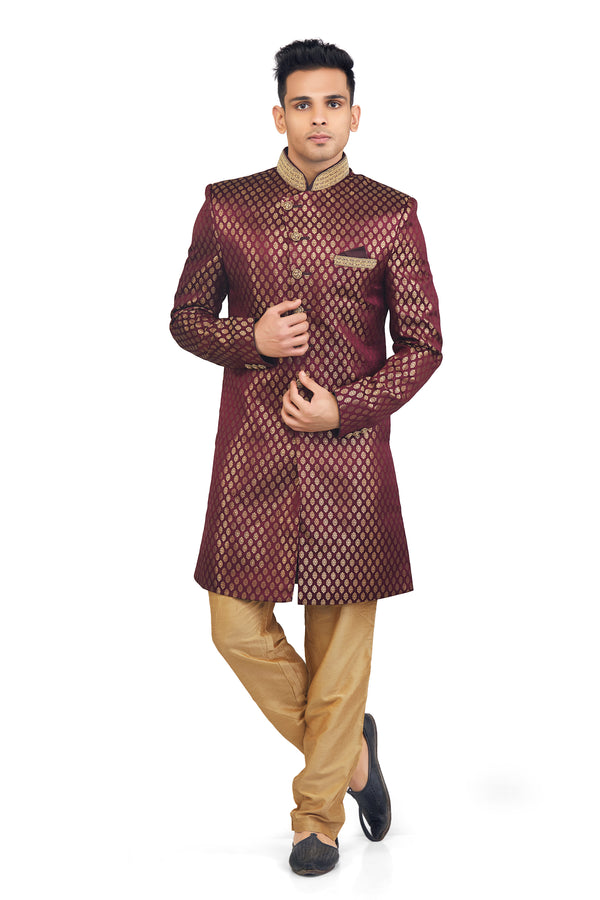 Wine Brocade Silk Sherwani Set