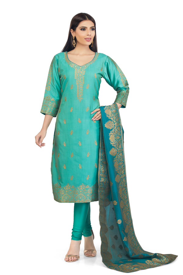 Aqua Green & Teal Banarasi Printed Silk Suit Set