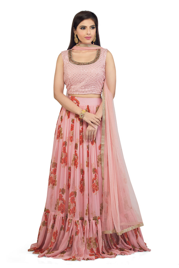 Rose Pink Floral Ruffle Lehenga Set