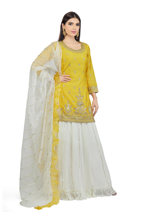 Yellow Lacha Suit Set with Ruffle Dupatta