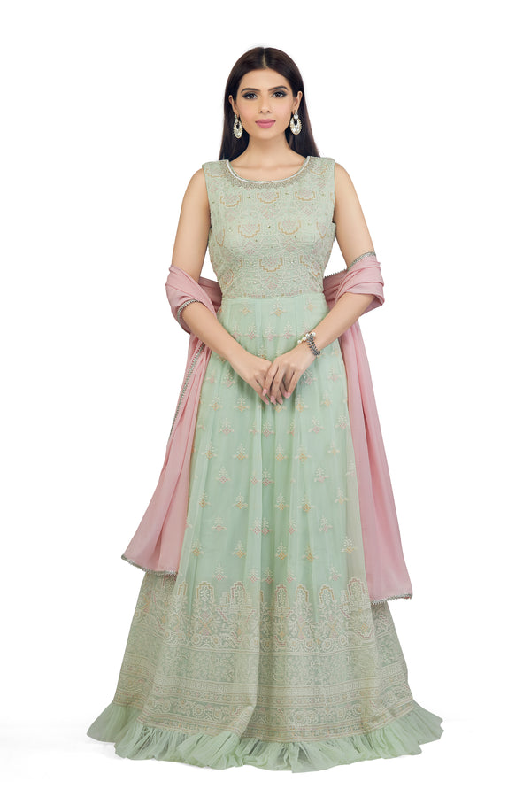 Light mint Green Ruffle Chikankari Gown Set