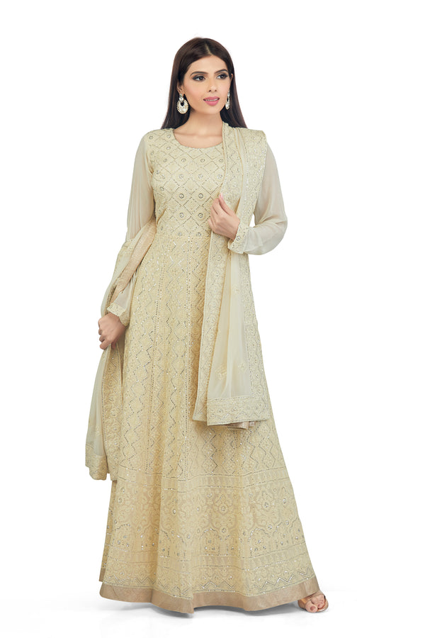 Lemon Cream Chikankari Gown Set