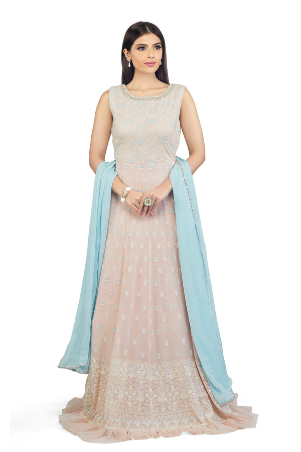 Blush Pink Ruffle Chikankari Gown Set