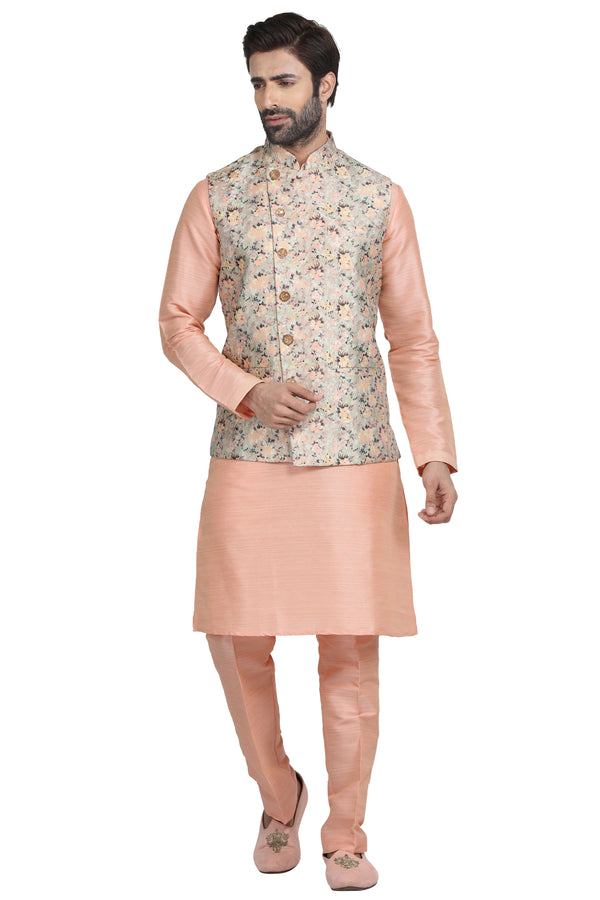 Peachy Pink Floral Printed Bandi Kurta Set