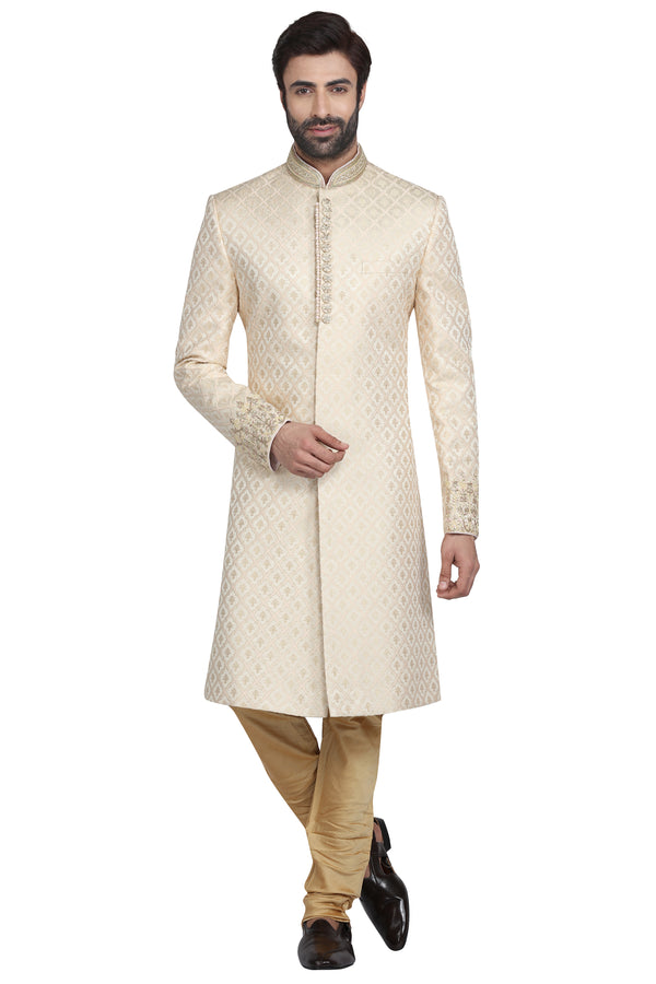 Cream and Blush Pink Brocade Silk Sherwani Set #5961