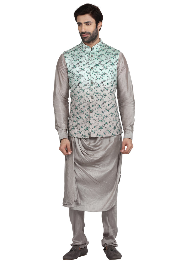 Mint to Grey Ombré Cowl Style Printed Bandi Kurta Set