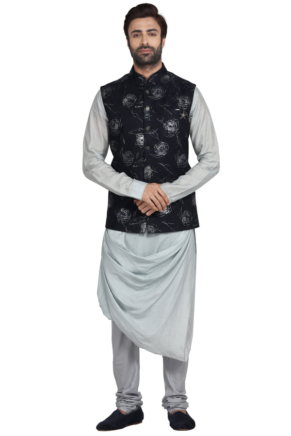 Navy and Grey Cowl Style Printed Bandi Kurta Set