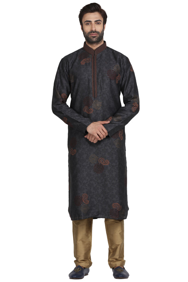 Dark Grey Blue Printed Kurta Set