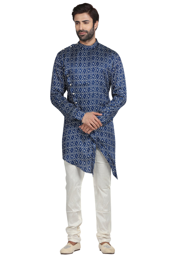 Indigo Blue Bandhani Printed Asymmetrical button down Kurta Set #5959