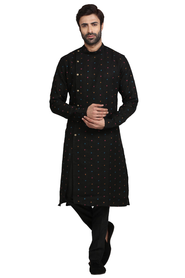 Black Side Buttoned Threadwork Sherwani Style Kurta Set #5956